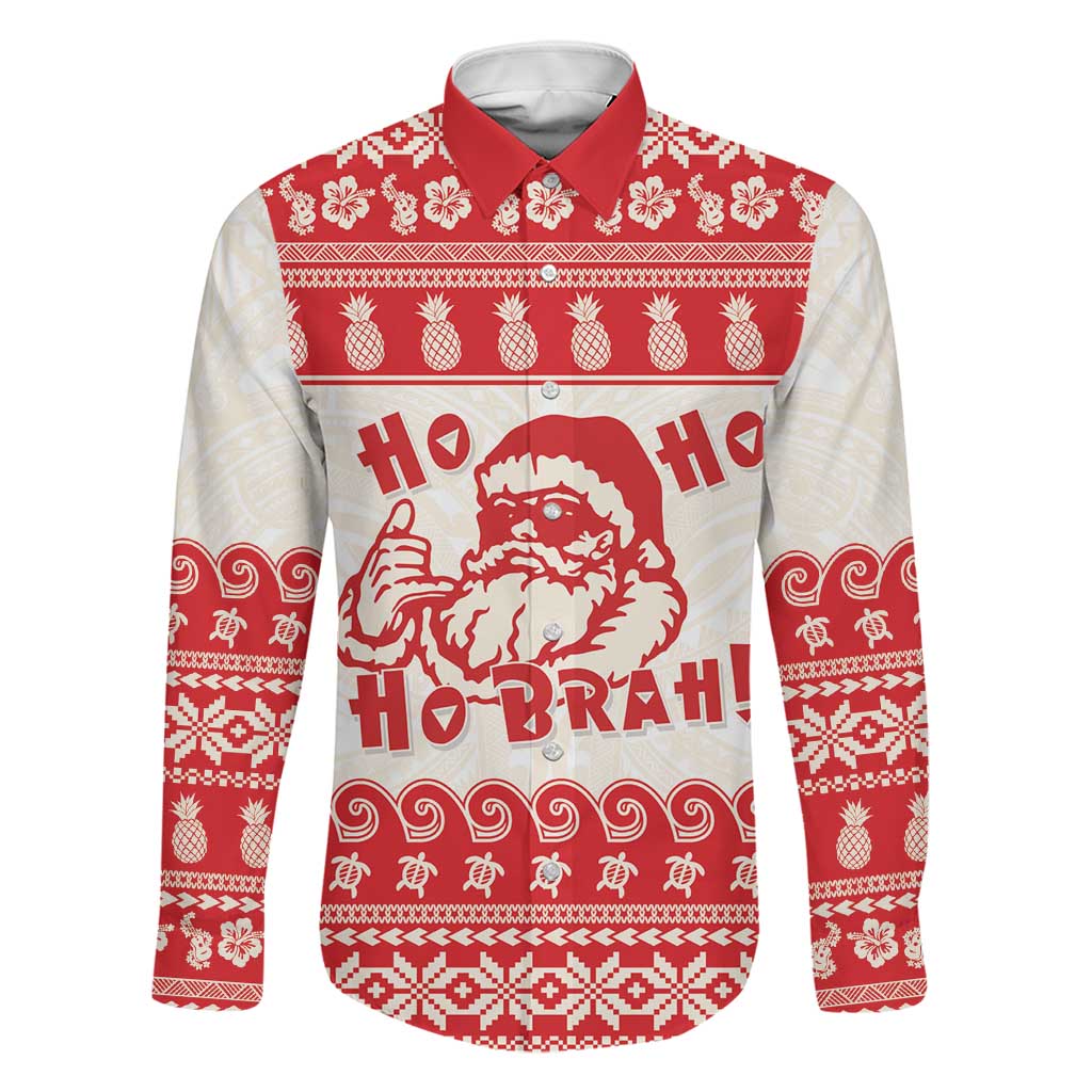 Red Mele Kalikimaka Hawaii Family Matching Short Sleeve Bodycon Dress and Hawaiian Shirt Funny Ho Ho Ho Santa Shaka LT14 Dad's Shirt - Long Sleeve Red - Polynesian Pride