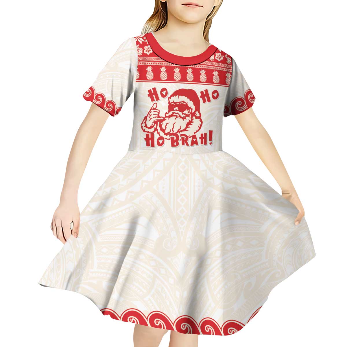 Red Mele Kalikimaka Hawaii Kid Short Sleeve Dress Funny Ho Ho Ho Santa Shaka LT14 - Polynesian Pride