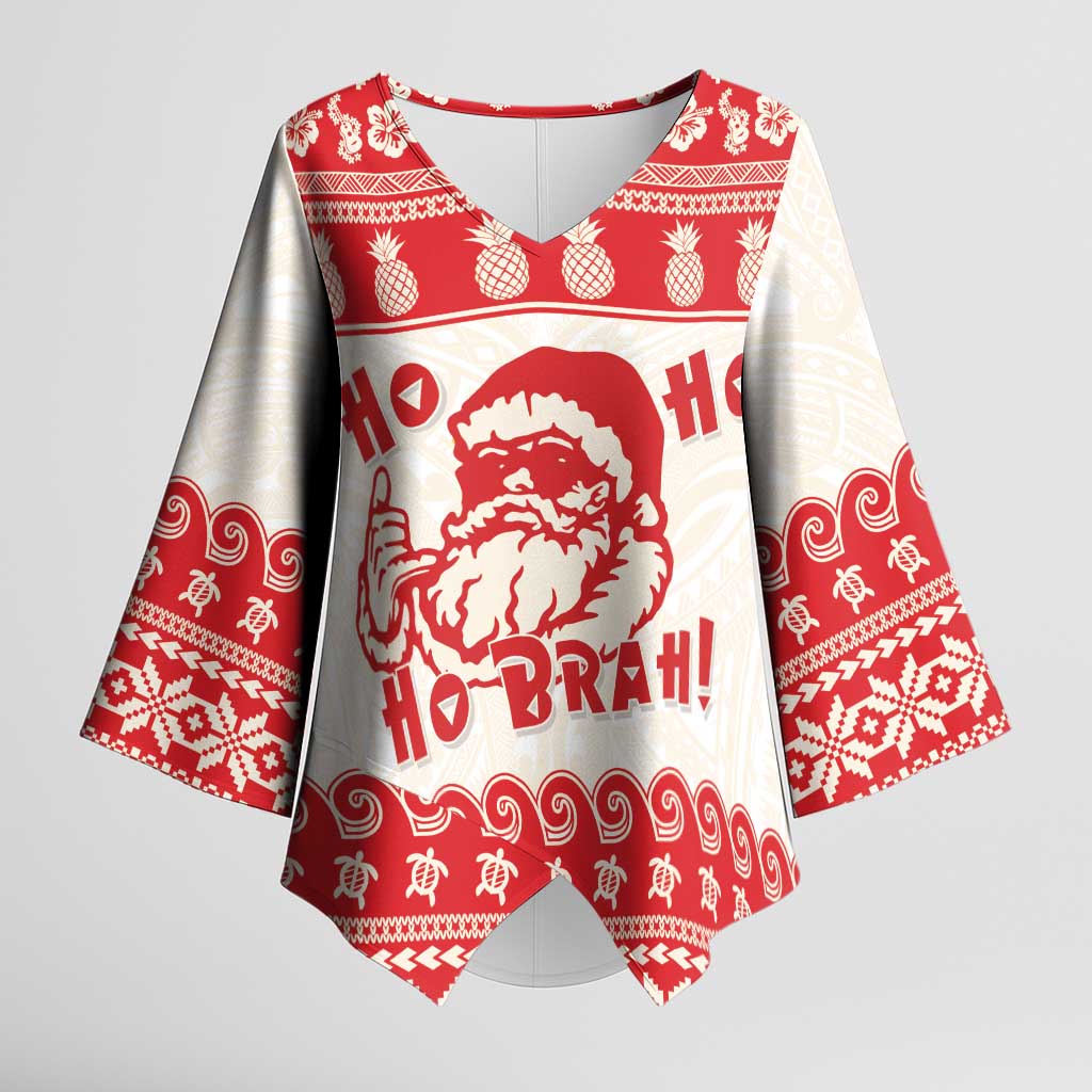 Red Mele Kalikimaka Hawaii Kimono Sleeve Blouse Funny Ho Ho Ho Santa Shaka - Polynesian Pride