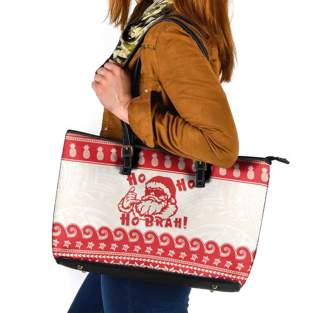 Red Mele Kalikimaka Hawaii Leather Tote Bag Funny Ho Ho Ho Santa Shaka - Polynesian Pride