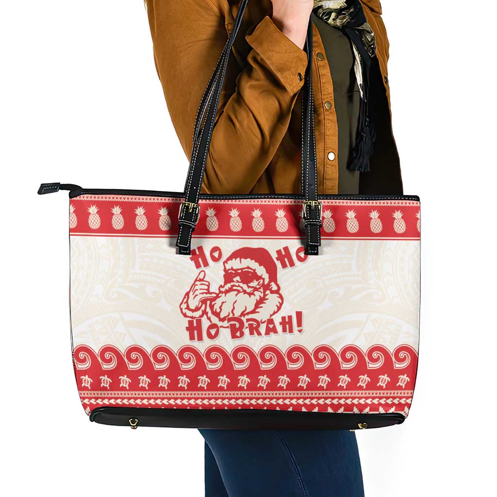 Red Mele Kalikimaka Hawaii Leather Tote Bag Funny Ho Ho Ho Santa Shaka - Polynesian Pride