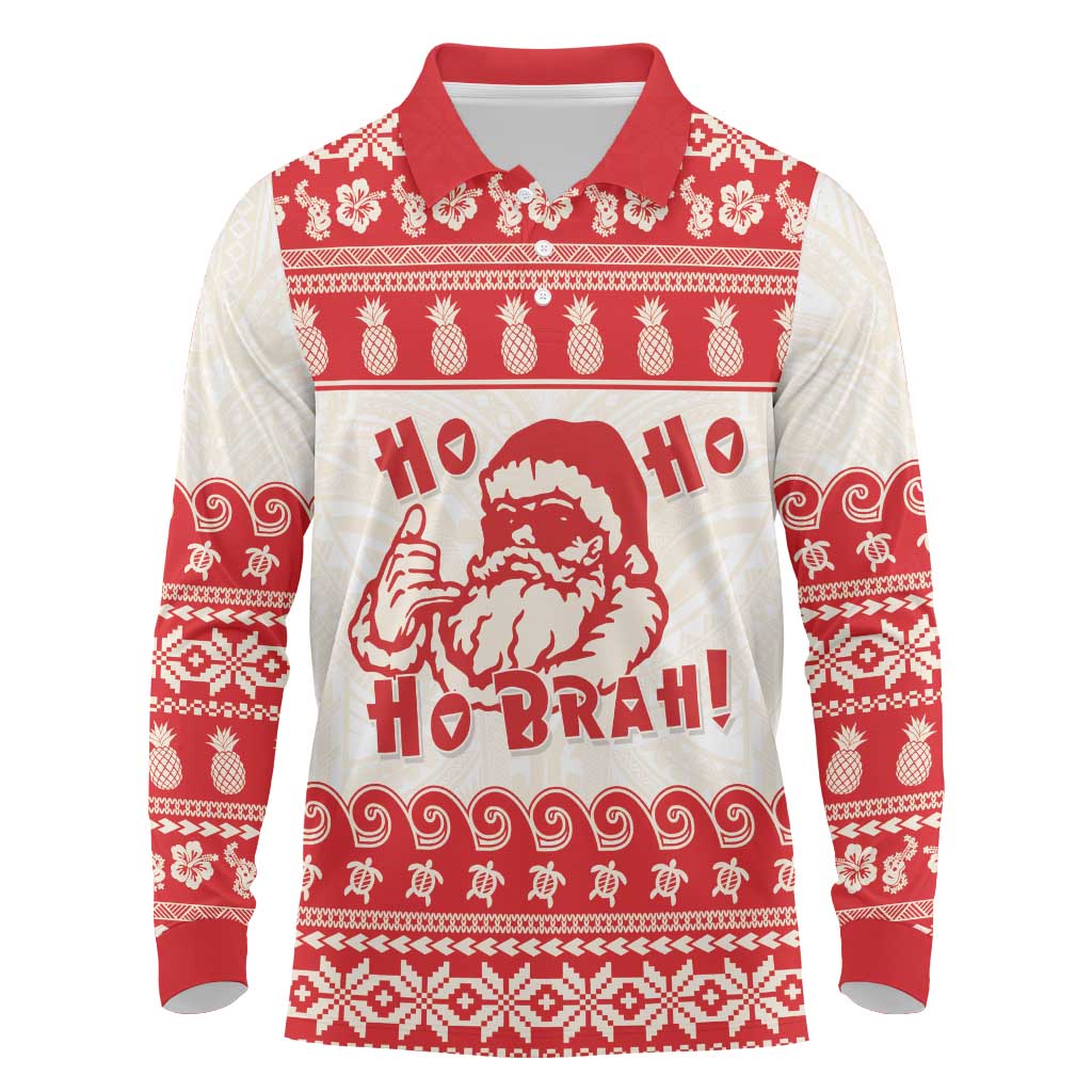 Red Mele Kalikimaka Hawaii Long Sleeve Polo Shirt Funny Ho Ho Ho Santa Shaka LT14 Red - Polynesian Pride