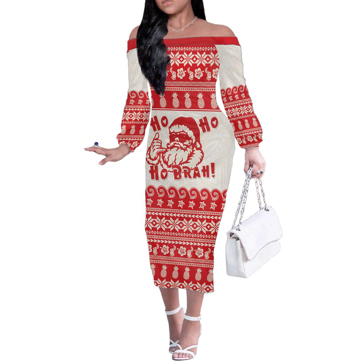 Red Mele Kalikimaka Hawaii Off The Shoulder Long Sleeve Dress Funny Ho Ho Ho Santa Shaka LT14 Women Red - Polynesian Pride