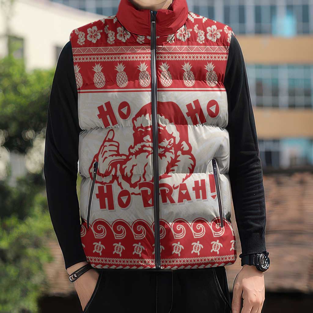 Red Mele Kalikimaka Hawaii Sleeveless Puffer Jacket Funny Ho Ho Ho Santa Shaka - Polynesian Pride