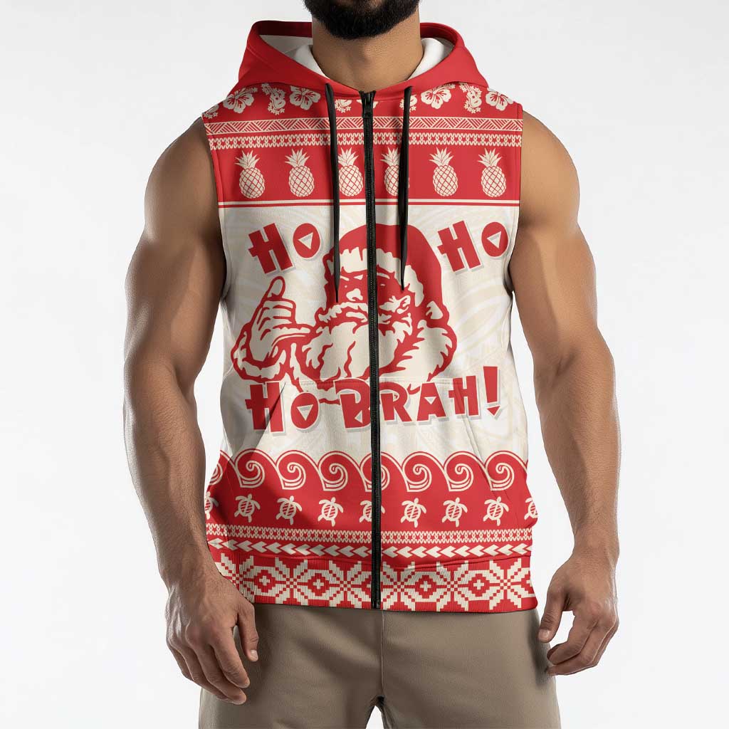 Red Mele Kalikimaka Hawaii Sleeveless Zip Hoodie Funny Ho Ho Ho Santa Shaka LT14 - Polynesian Pride