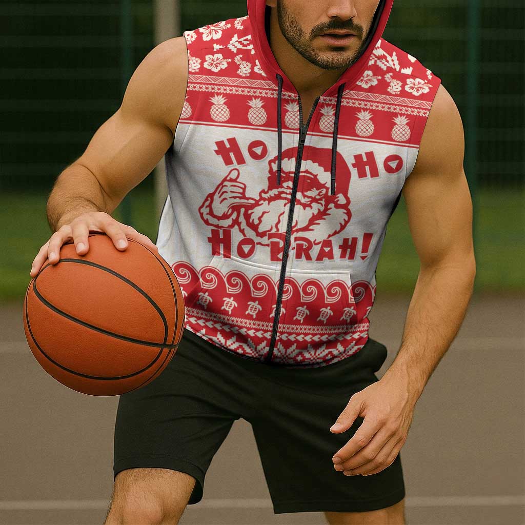 Red Mele Kalikimaka Hawaii Sleeveless Zip Hoodie Funny Ho Ho Ho Santa Shaka LT14 - Polynesian Pride