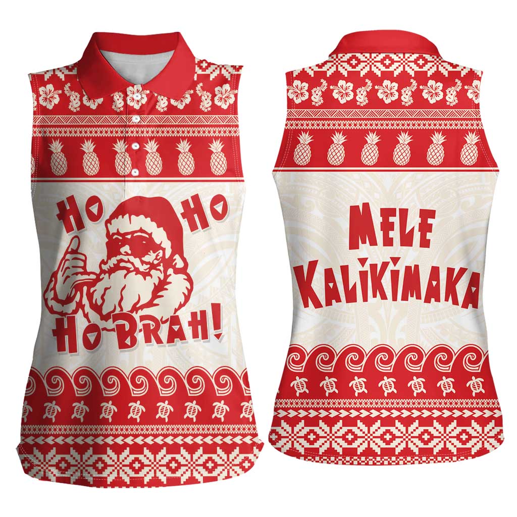 Red Mele Kalikimaka Hawaii Women Sleeveless Polo Shirt Funny Ho Ho Ho Santa Shaka LT14 - Polynesian Pride