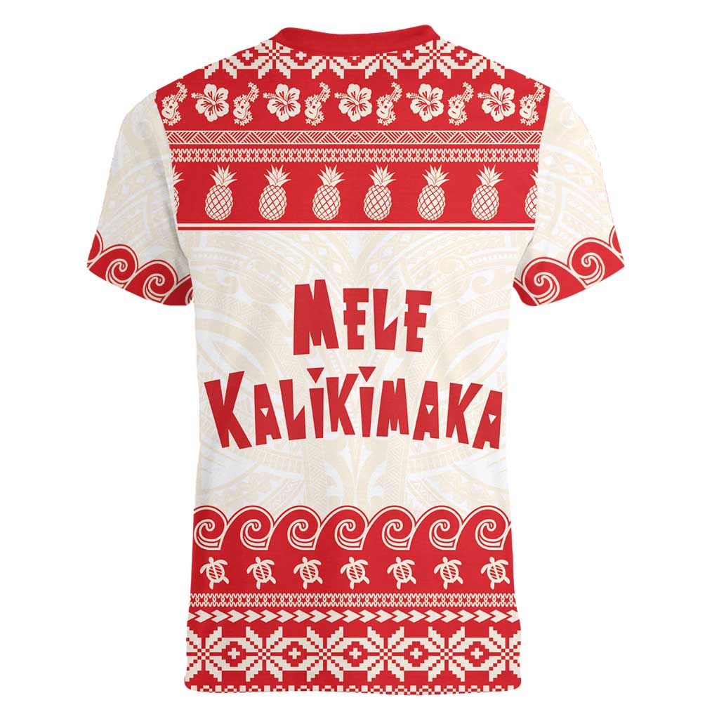 Red Mele Kalikimaka Hawaii Women V-Neck T-Shirt Funny Ho Ho Ho Santa Shaka LT14 - Polynesian Pride