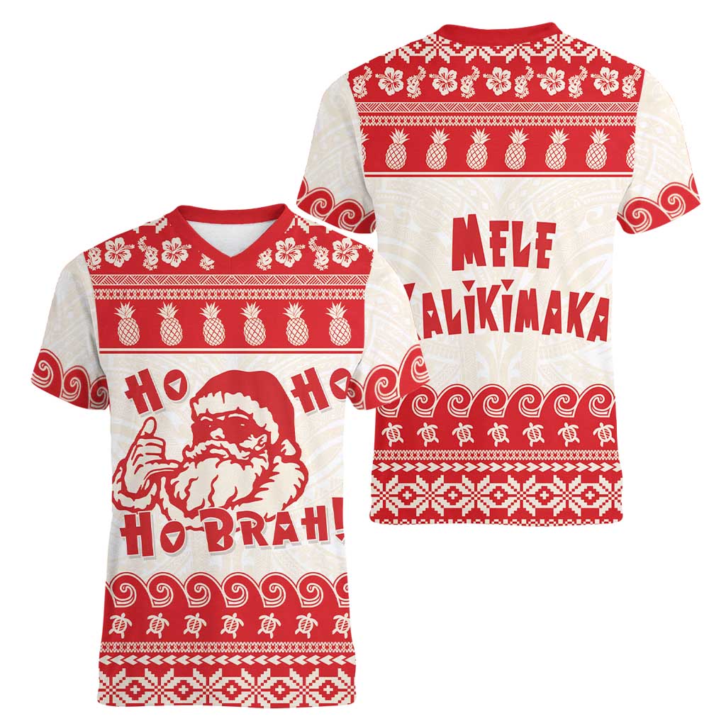 Red Mele Kalikimaka Hawaii Women V-Neck T-Shirt Funny Ho Ho Ho Santa Shaka LT14 - Polynesian Pride