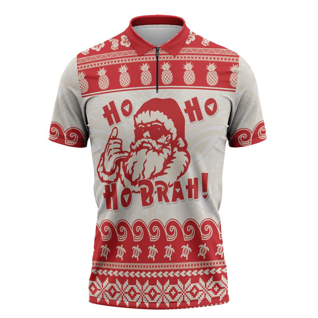 Red Mele Kalikimaka Hawaii Zipper Polo Shirt Funny Ho Ho Ho Santa Shaka - Polynesian Pride