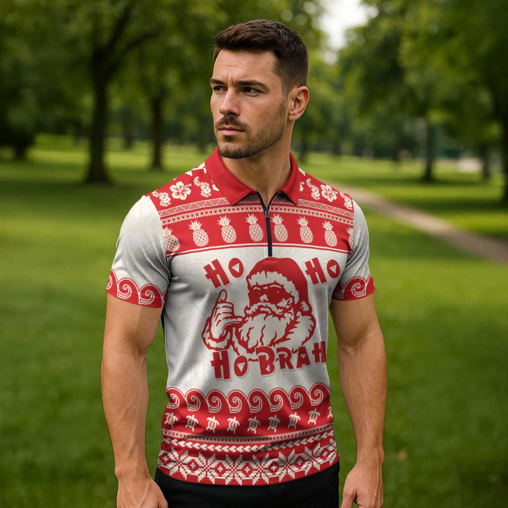 Red Mele Kalikimaka Hawaii Zipper Polo Shirt Funny Ho Ho Ho Santa Shaka LT14 - Polynesian Pride