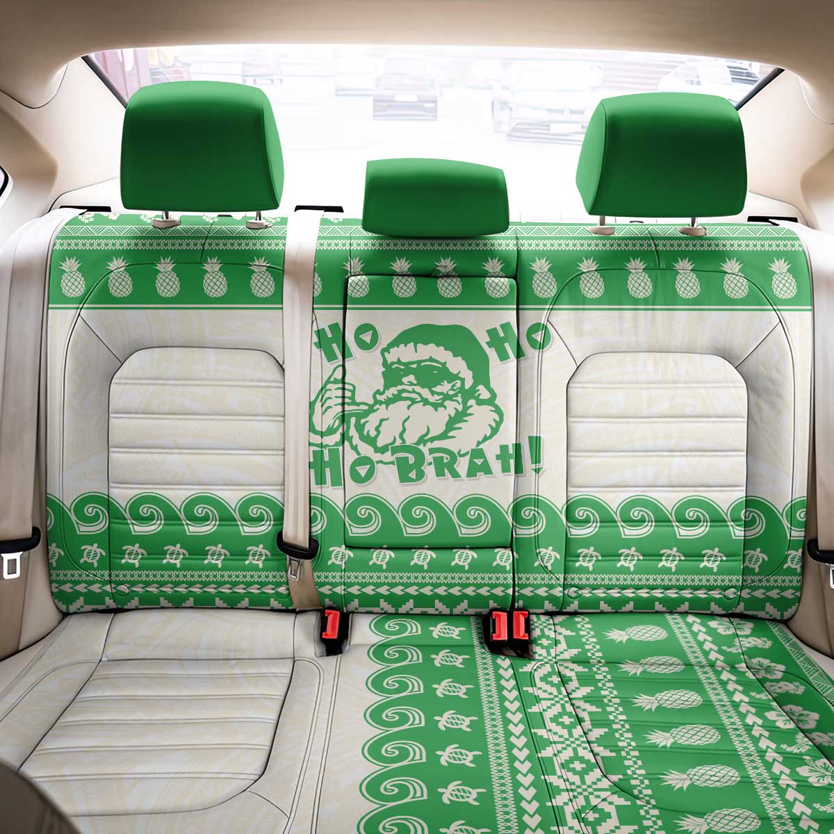 Green Mele Kalikimaka Hawaii Back Car Seat Cover Funny Ho Ho Ho Santa Shaka LT14 - Polynesian Pride