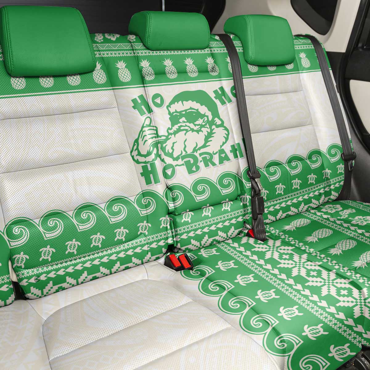 Green Mele Kalikimaka Hawaii Back Car Seat Cover Funny Ho Ho Ho Santa Shaka LT14 - Polynesian Pride