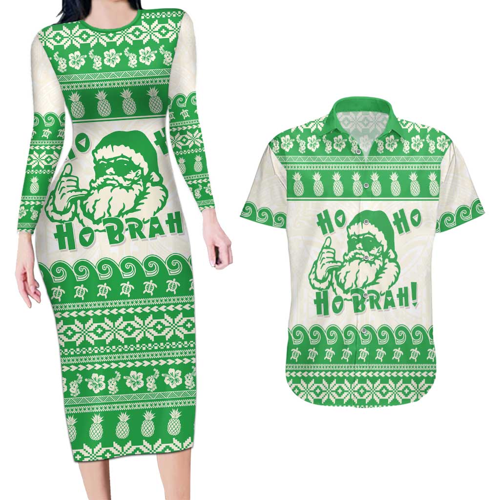 Green Mele Kalikimaka Hawaii Couples Matching Long Sleeve Bodycon Dress and Hawaiian Shirt Funny Ho Ho Ho Santa Shaka LT14 Green - Polynesian Pride