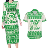 Green Mele Kalikimaka Hawaii Couples Matching Long Sleeve Bodycon Dress and Hawaiian Shirt Funny Ho Ho Ho Santa Shaka LT14 Green - Polynesian Pride
