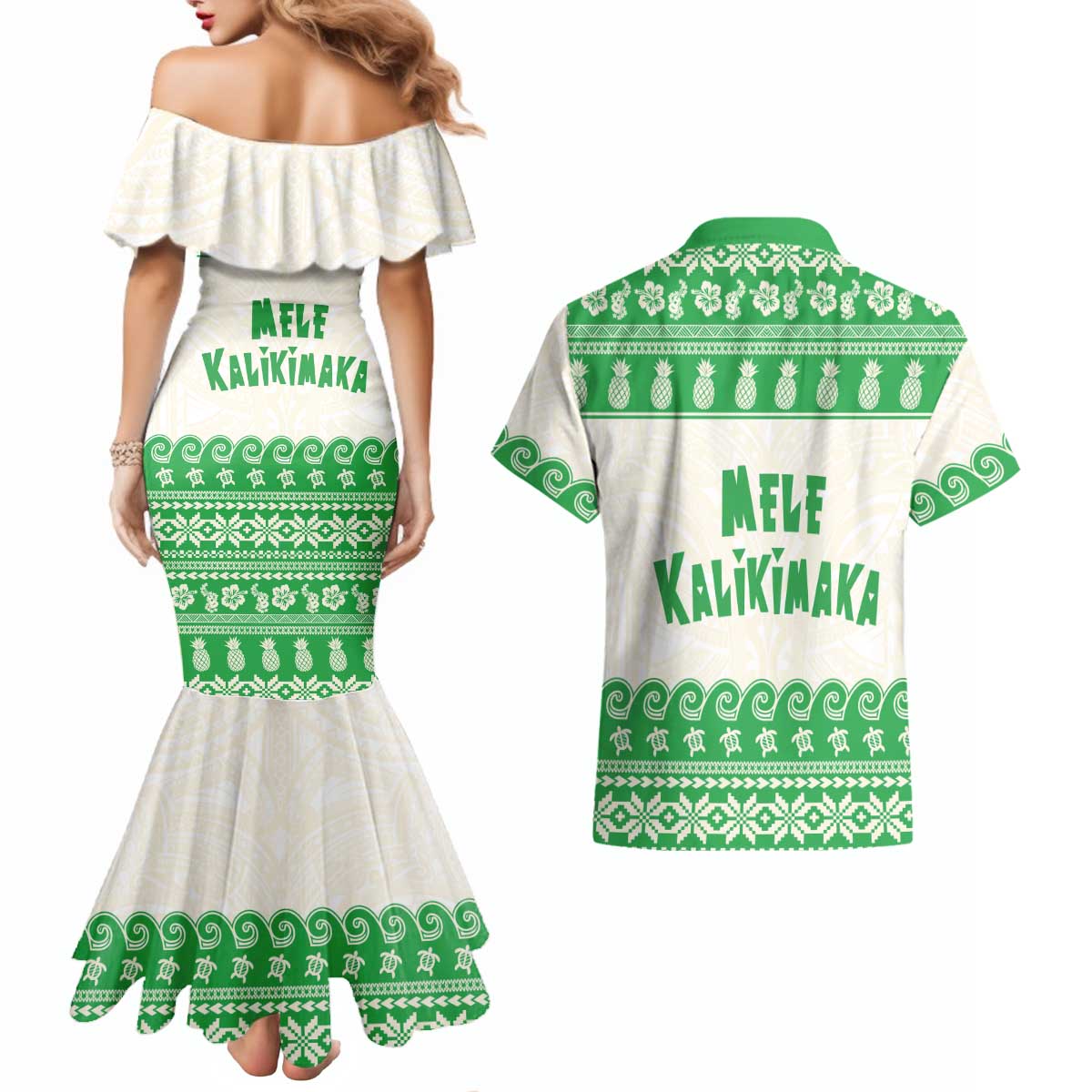 Green Mele Kalikimaka Hawaii Couples Matching Mermaid Dress and Hawaiian Shirt Funny Ho Ho Ho Santa Shaka LT14 - Polynesian Pride