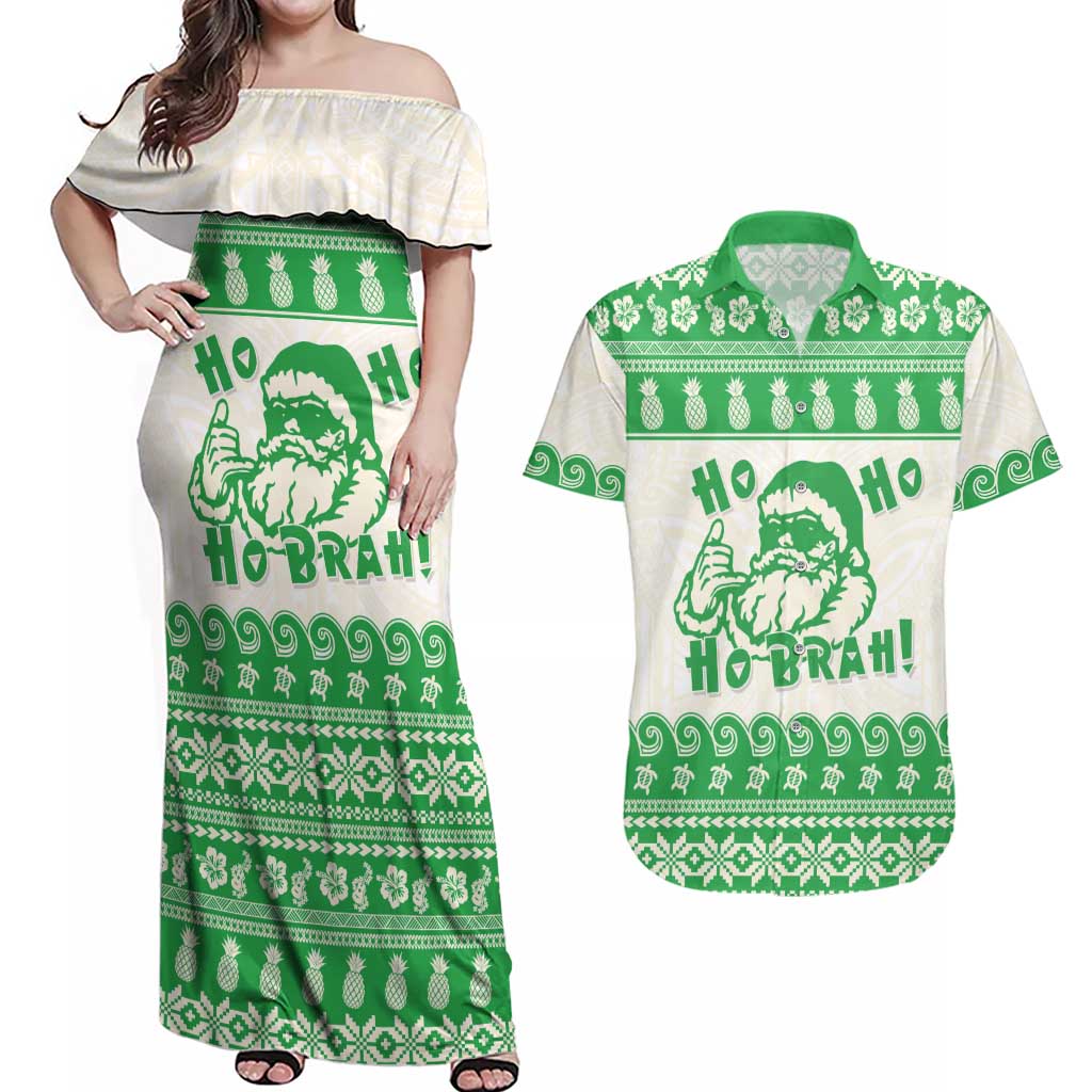 Green Mele Kalikimaka Hawaii Couples Matching Off Shoulder Maxi Dress and Hawaiian Shirt Funny Ho Ho Ho Santa Shaka LT14 Green - Polynesian Pride
