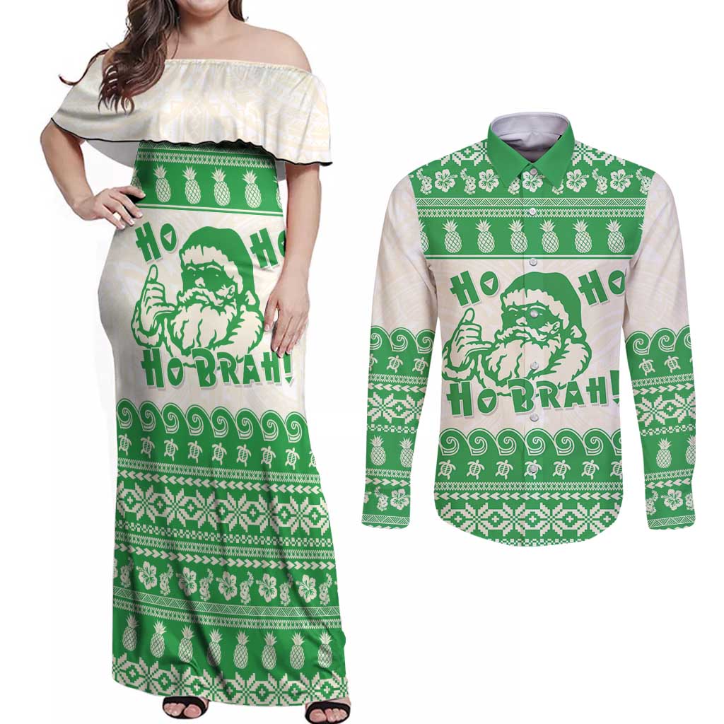 Green Mele Kalikimaka Hawaii Couples Matching Off Shoulder Maxi Dress and Long Sleeve Button Shirt Funny Ho Ho Ho Santa Shaka LT14 Green - Polynesian Pride
