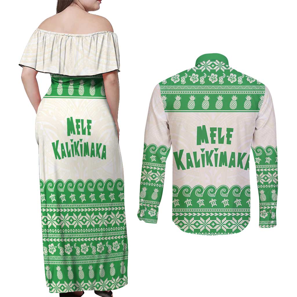 Green Mele Kalikimaka Hawaii Couples Matching Off Shoulder Maxi Dress and Long Sleeve Button Shirt Funny Ho Ho Ho Santa Shaka LT14 - Polynesian Pride