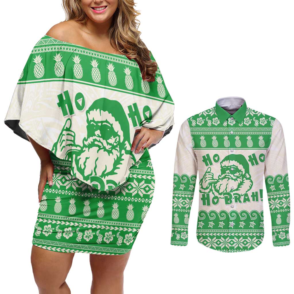 Green Mele Kalikimaka Hawaii Couples Matching Off Shoulder Short Dress and Long Sleeve Button Shirt Funny Ho Ho Ho Santa Shaka LT14 Green - Polynesian Pride