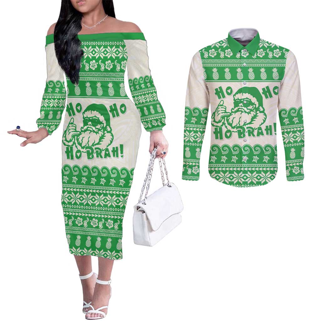 Green Mele Kalikimaka Hawaii Couples Matching Off The Shoulder Long Sleeve Dress and Long Sleeve Button Shirt Funny Ho Ho Ho Santa Shaka LT14 Green - Polynesian Pride
