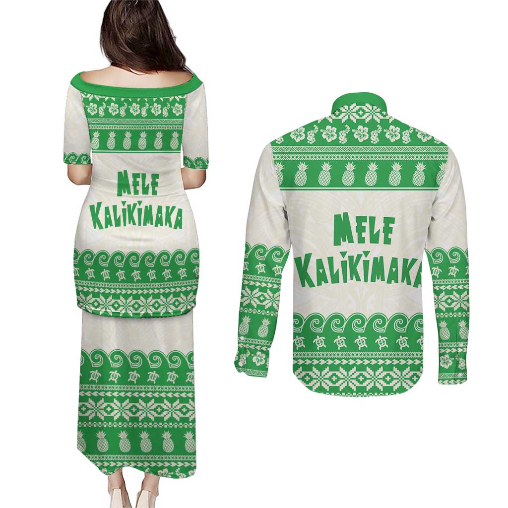 Green Mele Kalikimaka Hawaii Couples Matching Puletasi and Long Sleeve Button Shirt Funny Ho Ho Ho Santa Shaka LT14 - Polynesian Pride