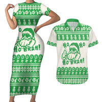 Green Mele Kalikimaka Hawaii Couples Matching Short Sleeve Bodycon Dress and Hawaiian Shirt Funny Ho Ho Ho Santa Shaka LT14 Green - Polynesian Pride
