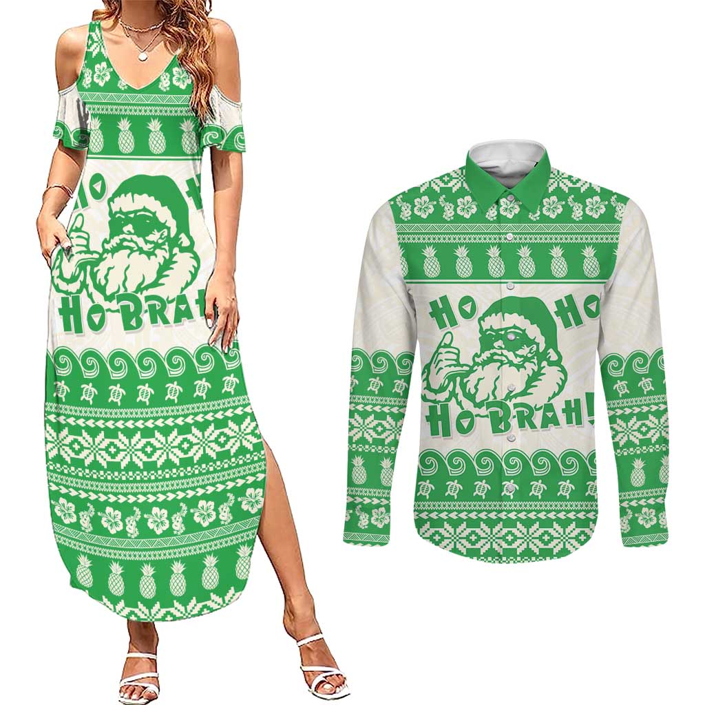 Green Mele Kalikimaka Hawaii Couples Matching Summer Maxi Dress and Long Sleeve Button Shirt Funny Ho Ho Ho Santa Shaka LT14 Green - Polynesian Pride