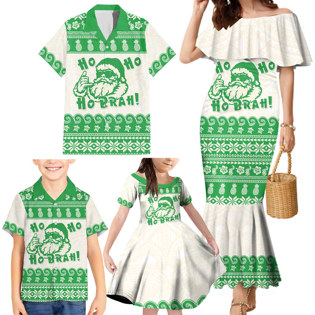 Green Mele Kalikimaka Hawaii Family Matching Mermaid Dress and Hawaiian Shirt Funny Ho Ho Ho Santa Shaka - Polynesian Pride
