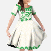 Green Mele Kalikimaka Hawaii Family Matching Off The Shoulder Long Sleeve Dress and Hawaiian Shirt Funny Ho Ho Ho Santa Shaka LT14 Daughter's Dress Green - Polynesian Pride