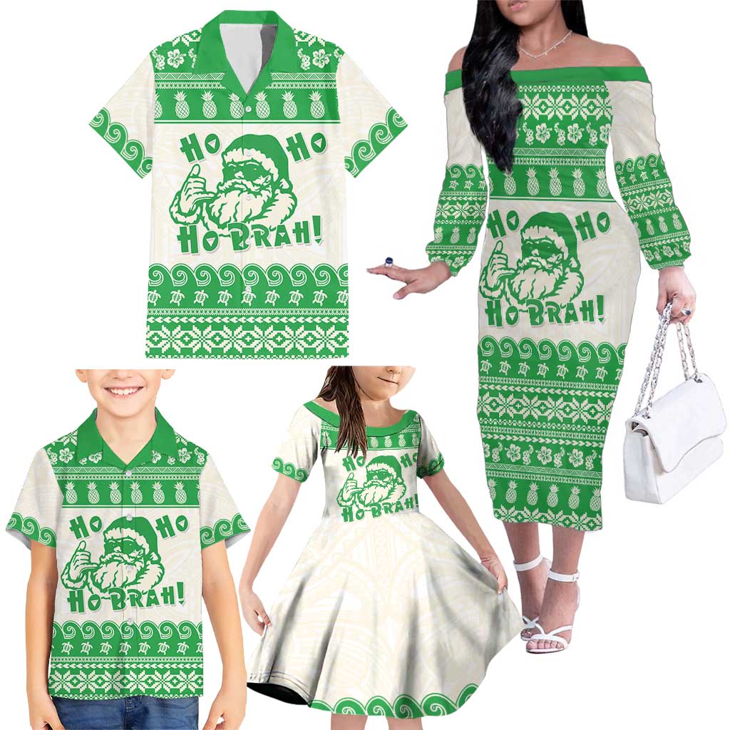 Green Mele Kalikimaka Hawaii Family Matching Off The Shoulder Long Sleeve Dress and Hawaiian Shirt Funny Ho Ho Ho Santa Shaka - Polynesian Pride