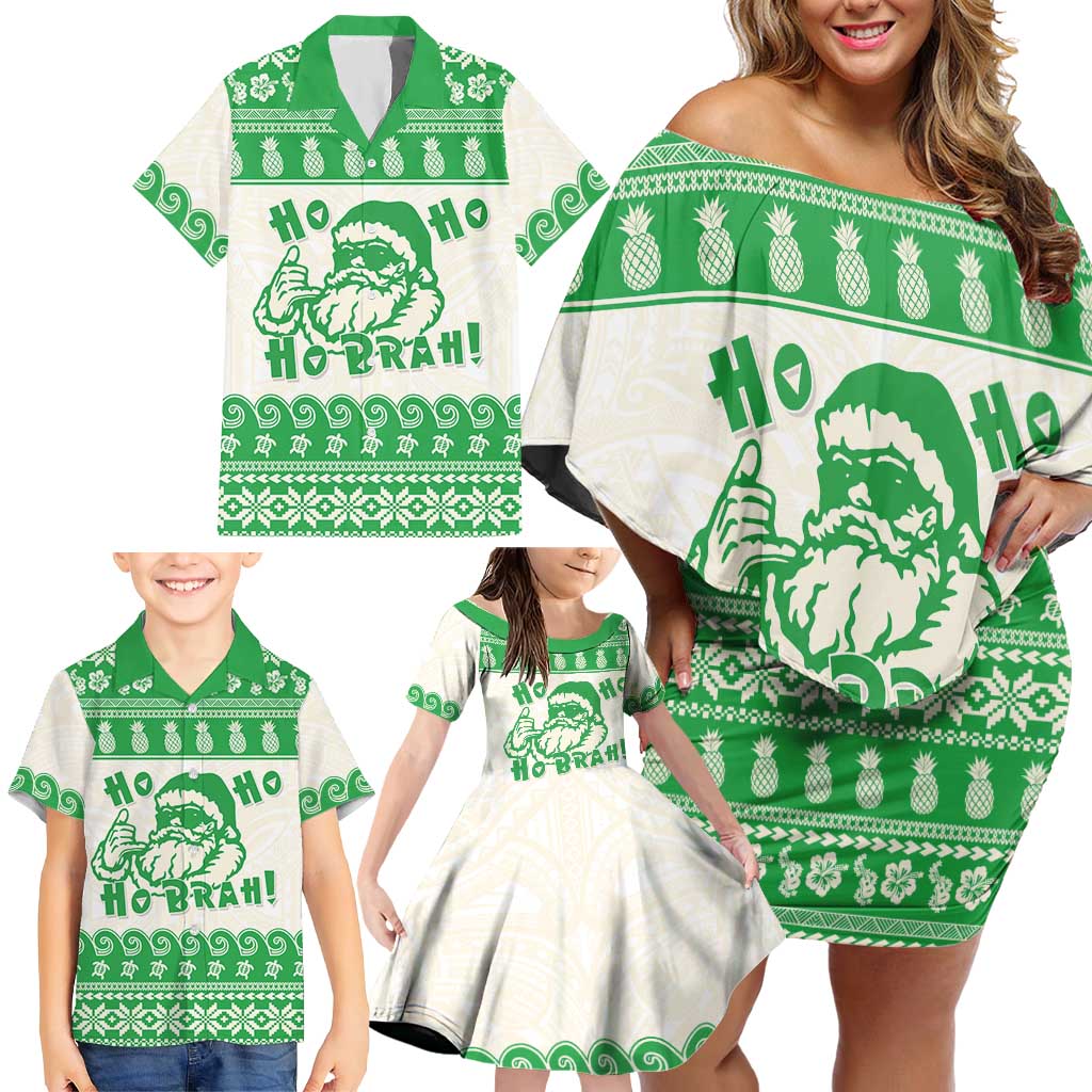 Green Mele Kalikimaka Hawaii Family Matching Off Shoulder Short Dress and Hawaiian Shirt Funny Ho Ho Ho Santa Shaka LT14 - Polynesian Pride