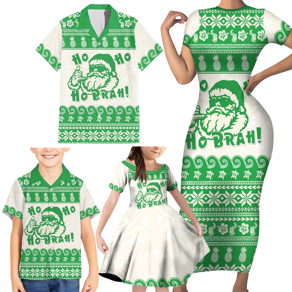 Green Mele Kalikimaka Hawaii Family Matching Short Sleeve Bodycon Dress and Hawaiian Shirt Funny Ho Ho Ho Santa Shaka - Polynesian Pride