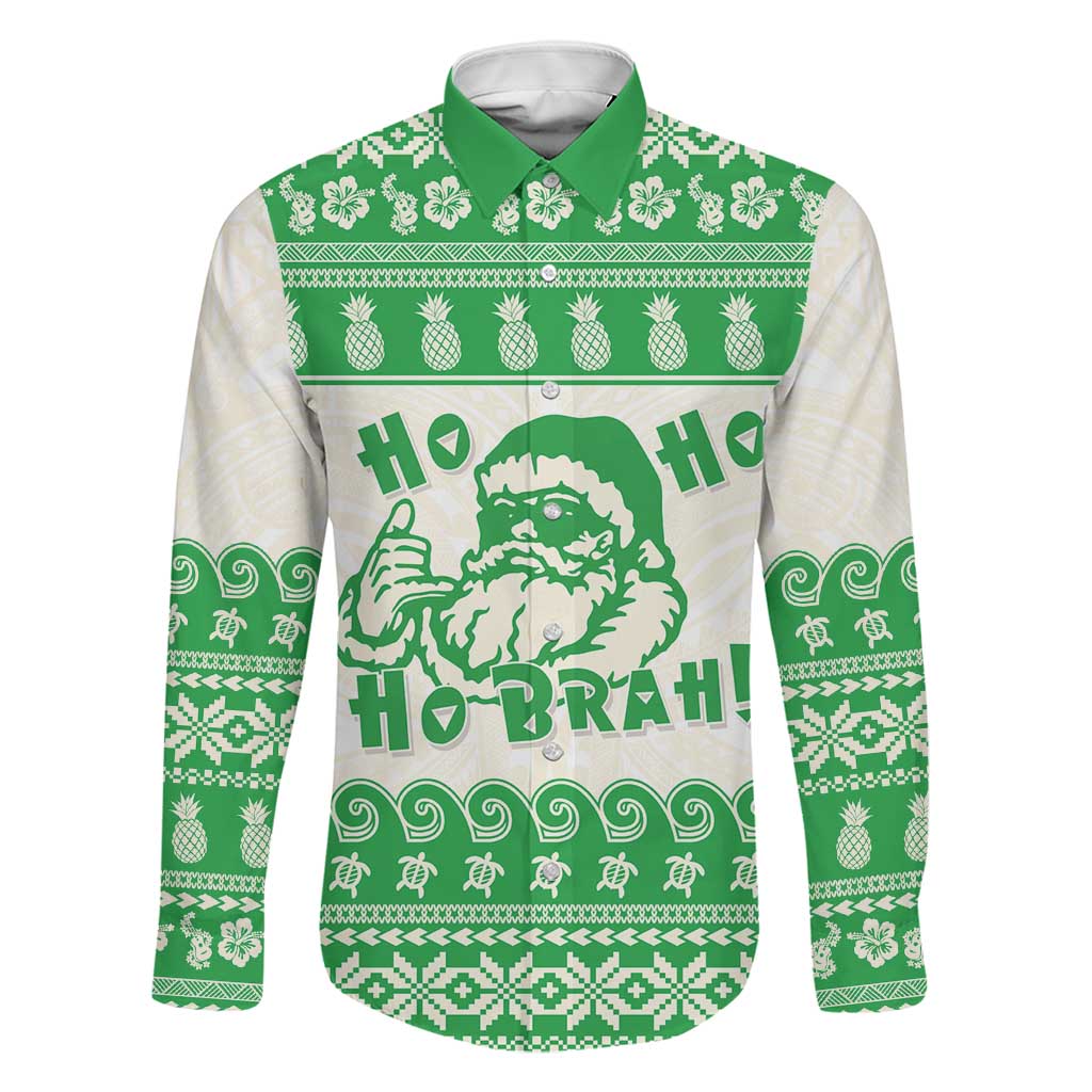 Green Mele Kalikimaka Hawaii Family Matching Summer Maxi Dress and Hawaiian Shirt Funny Ho Ho Ho Santa Shaka LT14 Dad's Shirt - Long Sleeve Green - Polynesian Pride
