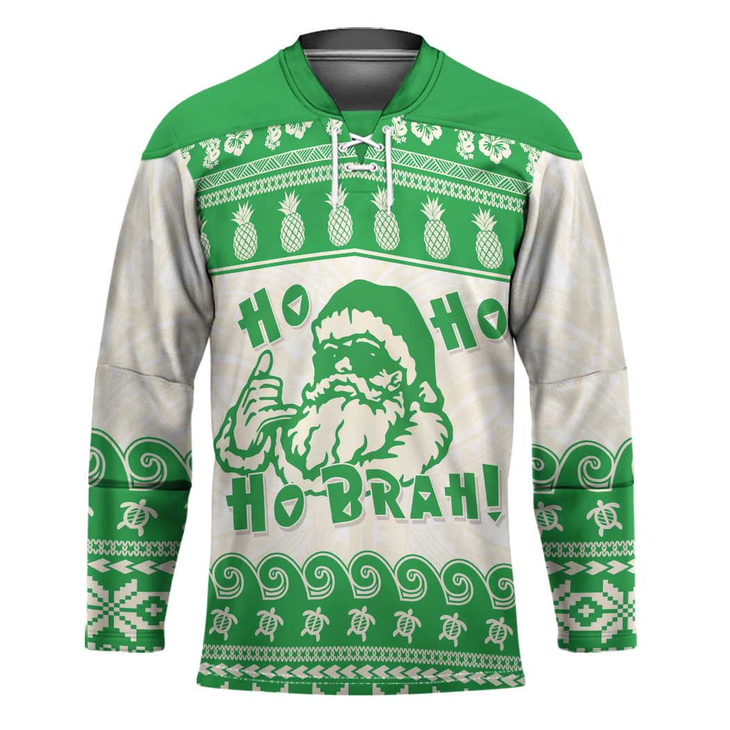 Green Mele Kalikimaka Hawaii Hockey Jersey Funny Ho Ho Ho Santa Shaka LT14 Unisex Green - Polynesian Pride