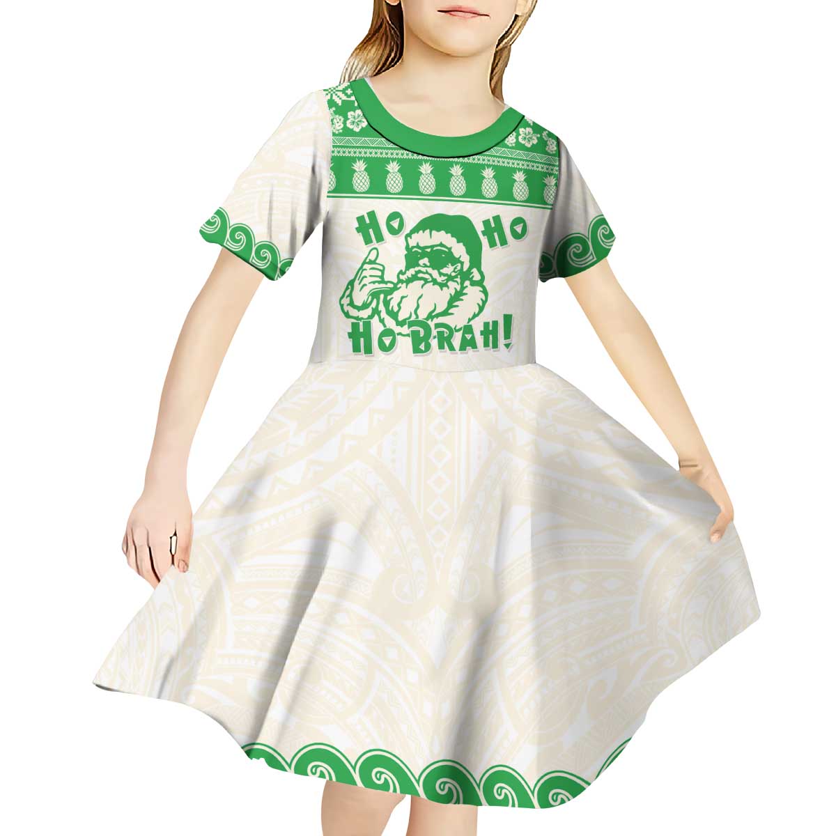 Green Mele Kalikimaka Hawaii Kid Short Sleeve Dress Funny Ho Ho Ho Santa Shaka LT14 - Polynesian Pride