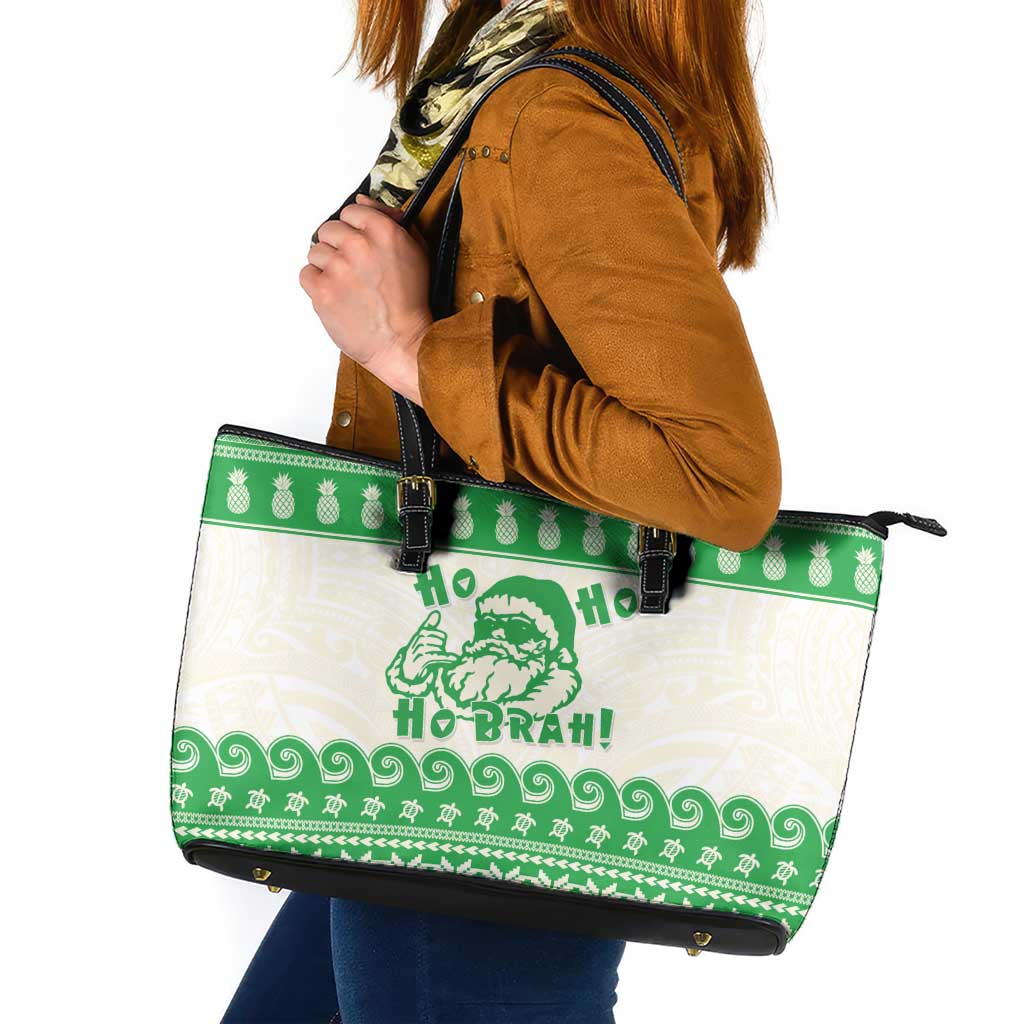 Green Mele Kalikimaka Hawaii Leather Tote Bag Funny Ho Ho Ho Santa Shaka - Polynesian Pride
