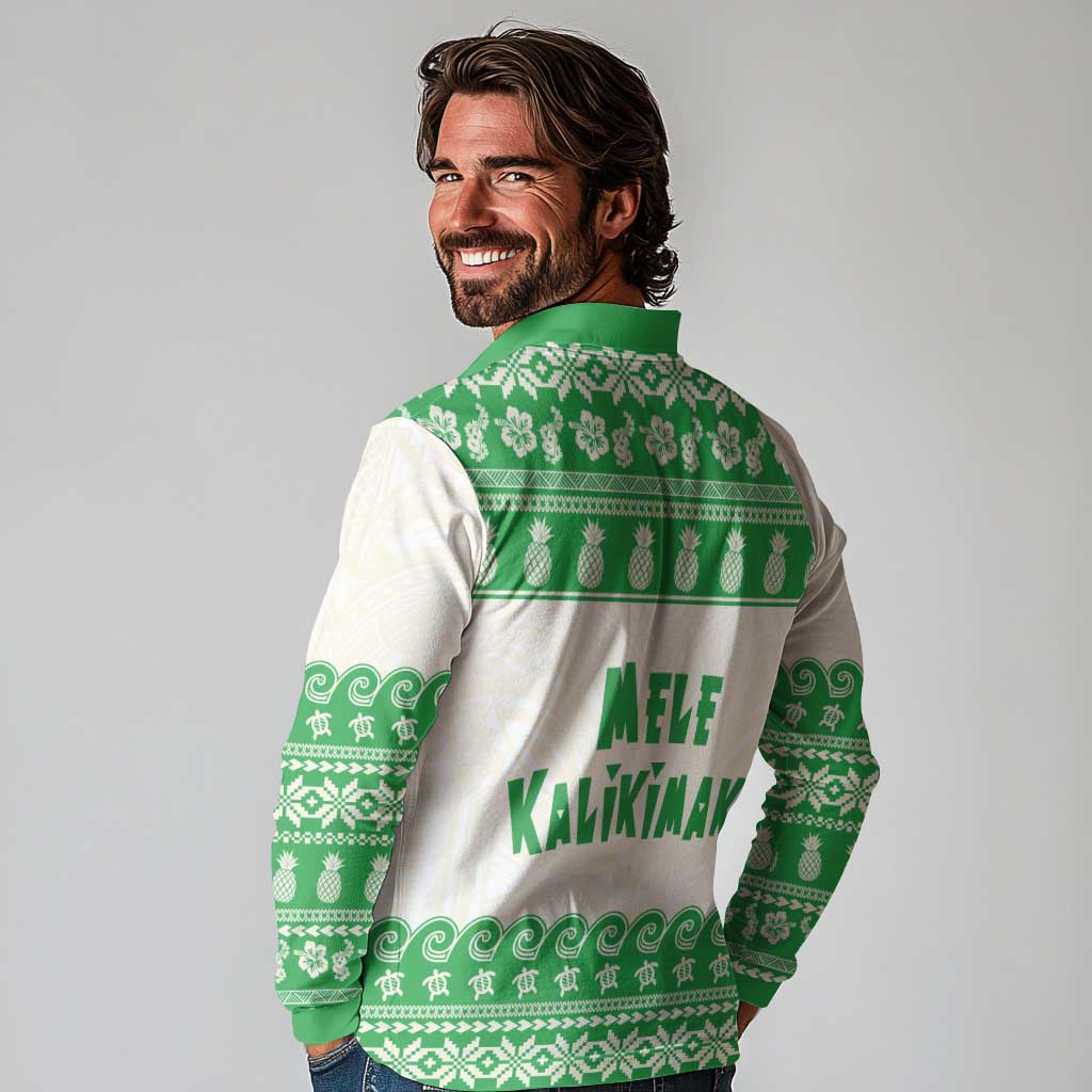 Green Mele Kalikimaka Hawaii Long Sleeve Polo Shirt Funny Ho Ho Ho Santa Shaka LT14 - Polynesian Pride