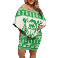 Green Mele Kalikimaka Hawaii Off Shoulder Short Dress Funny Ho Ho Ho Santa Shaka LT14 Women Green - Polynesian Pride