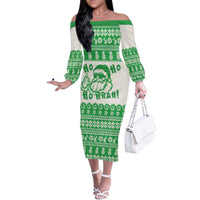 Green Mele Kalikimaka Hawaii Off The Shoulder Long Sleeve Dress Funny Ho Ho Ho Santa Shaka LT14 Women Green - Polynesian Pride