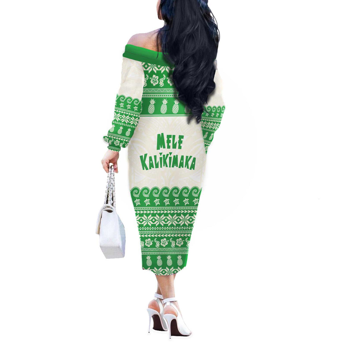 Green Mele Kalikimaka Hawaii Off The Shoulder Long Sleeve Dress Funny Ho Ho Ho Santa Shaka LT14 - Polynesian Pride