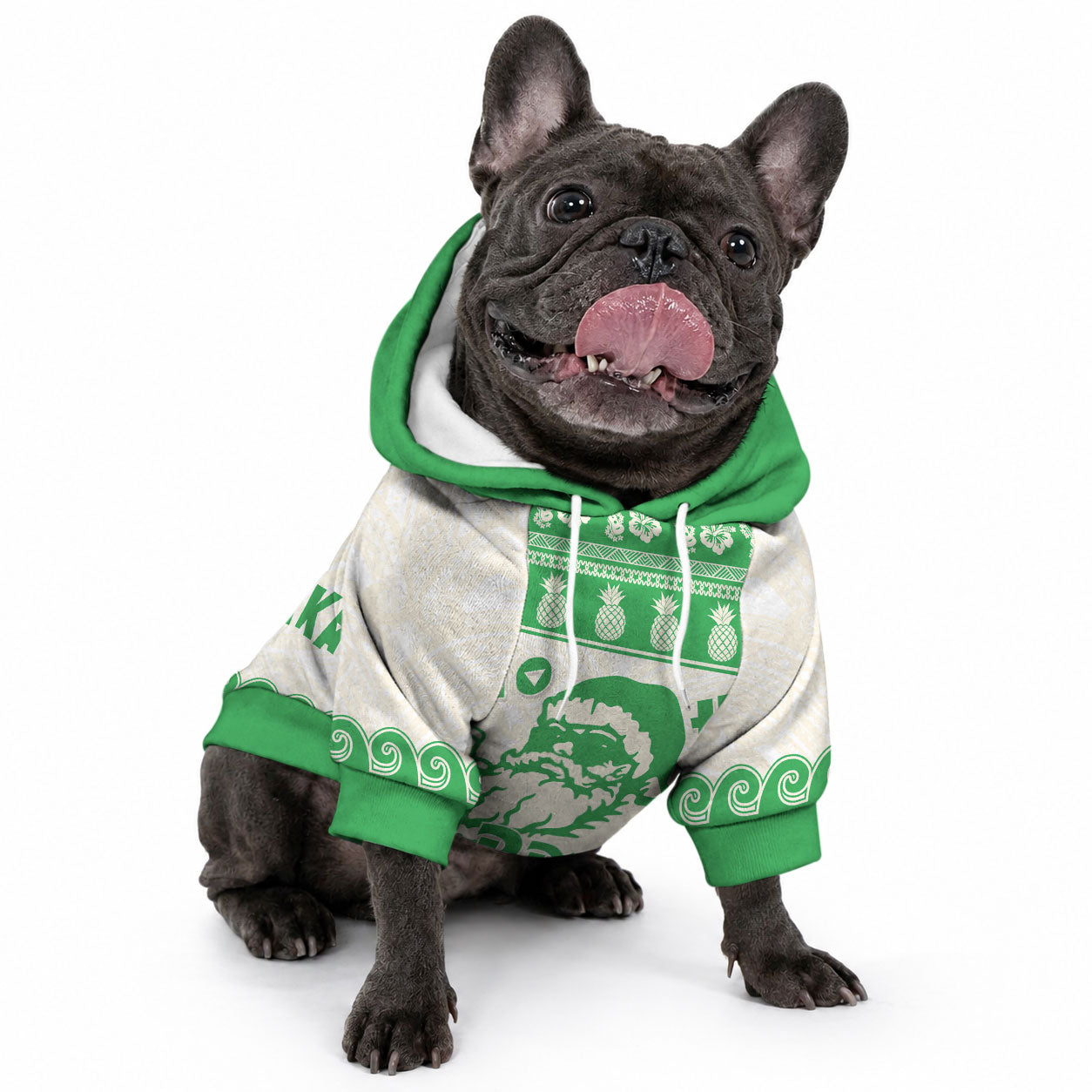 Green Mele Kalikimaka Hawaii Pet Hoodie Funny Ho Ho Ho Santa Shaka