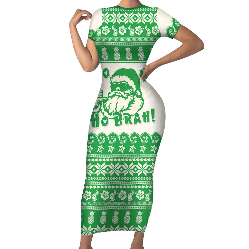 Green Mele Kalikimaka Hawaii Short Sleeve Bodycon Dress Funny Ho Ho Ho Santa Shaka - Polynesian Pride