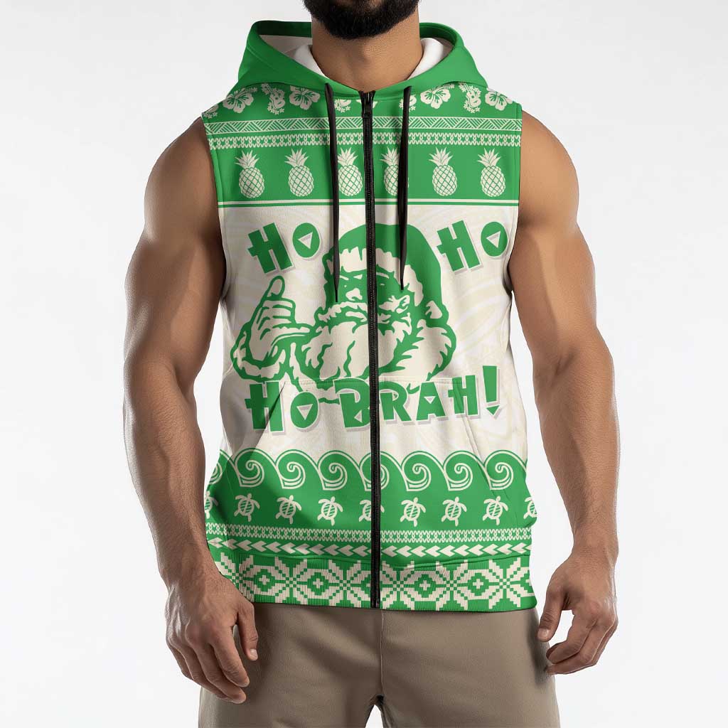 Green Mele Kalikimaka Hawaii Sleeveless Zip Hoodie Funny Ho Ho Ho Santa Shaka LT14 - Polynesian Pride