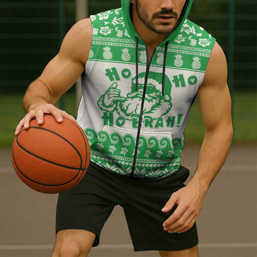 Green Mele Kalikimaka Hawaii Sleeveless Zip Hoodie Funny Ho Ho Ho Santa Shaka LT14 - Polynesian Pride