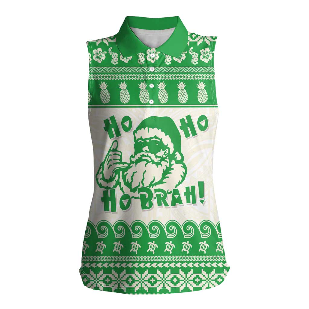 Green Mele Kalikimaka Hawaii Women Sleeveless Polo Shirt Funny Ho Ho Ho Santa Shaka LT14 Female Green - Polynesian Pride