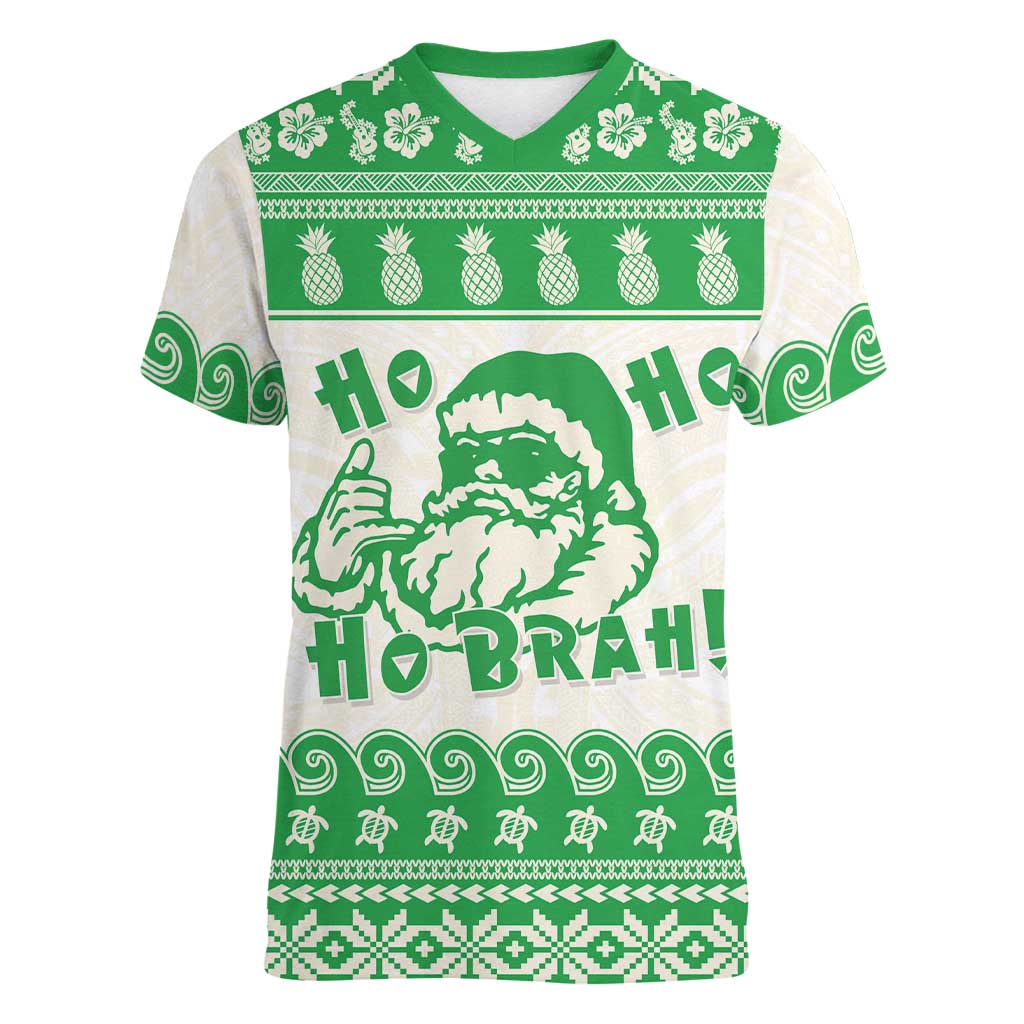 Green Mele Kalikimaka Hawaii Women V-Neck T-Shirt Funny Ho Ho Ho Santa Shaka - Polynesian Pride