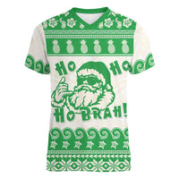 Green Mele Kalikimaka Hawaii Women V-Neck T-Shirt Funny Ho Ho Ho Santa Shaka LT14 Female Green - Polynesian Pride