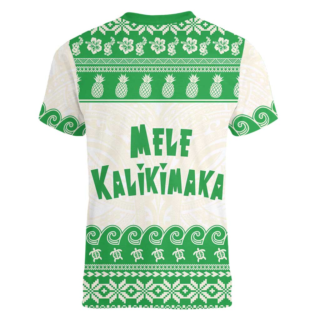 Green Mele Kalikimaka Hawaii Women V-Neck T-Shirt Funny Ho Ho Ho Santa Shaka LT14 - Polynesian Pride