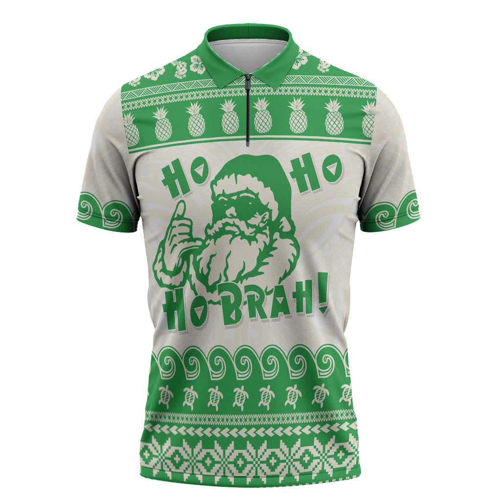 Green Mele Kalikimaka Hawaii Zipper Polo Shirt Funny Ho Ho Ho Santa Shaka LT14 Green - Polynesian Pride